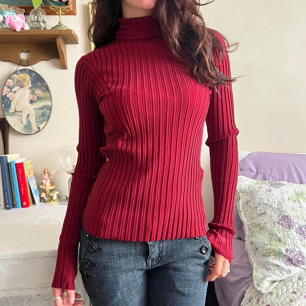 Bebe Silk Blend Ribbed Turtleneck Long Sleeve Top Red Burgundy Womens Medium - Picture 2 of 5